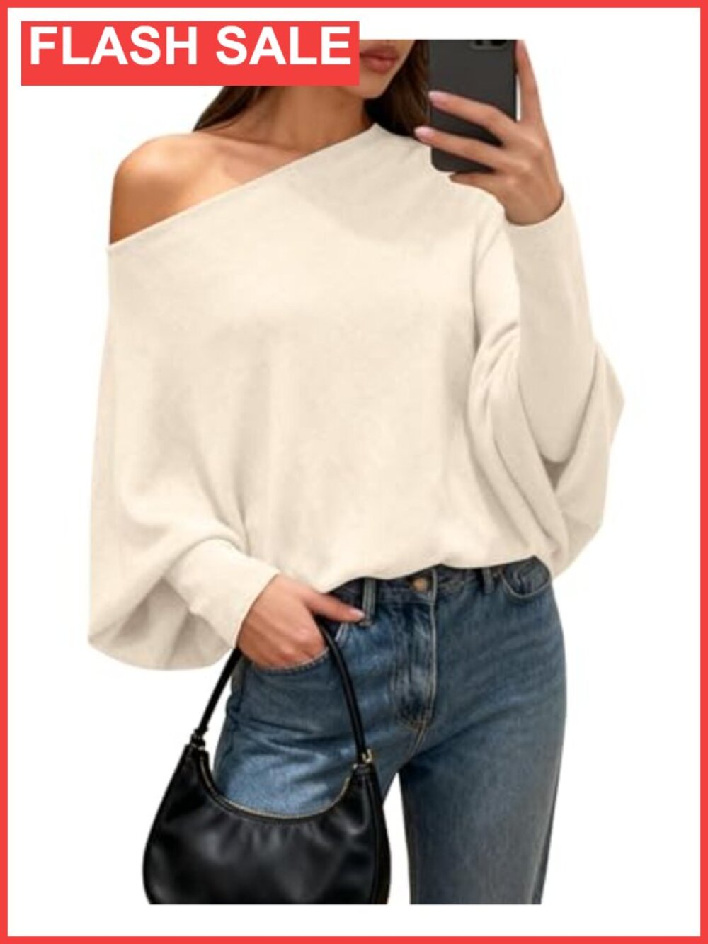 Off Shoulder Batwing Knit Sweater Loose Fit Casual Fall Pullover